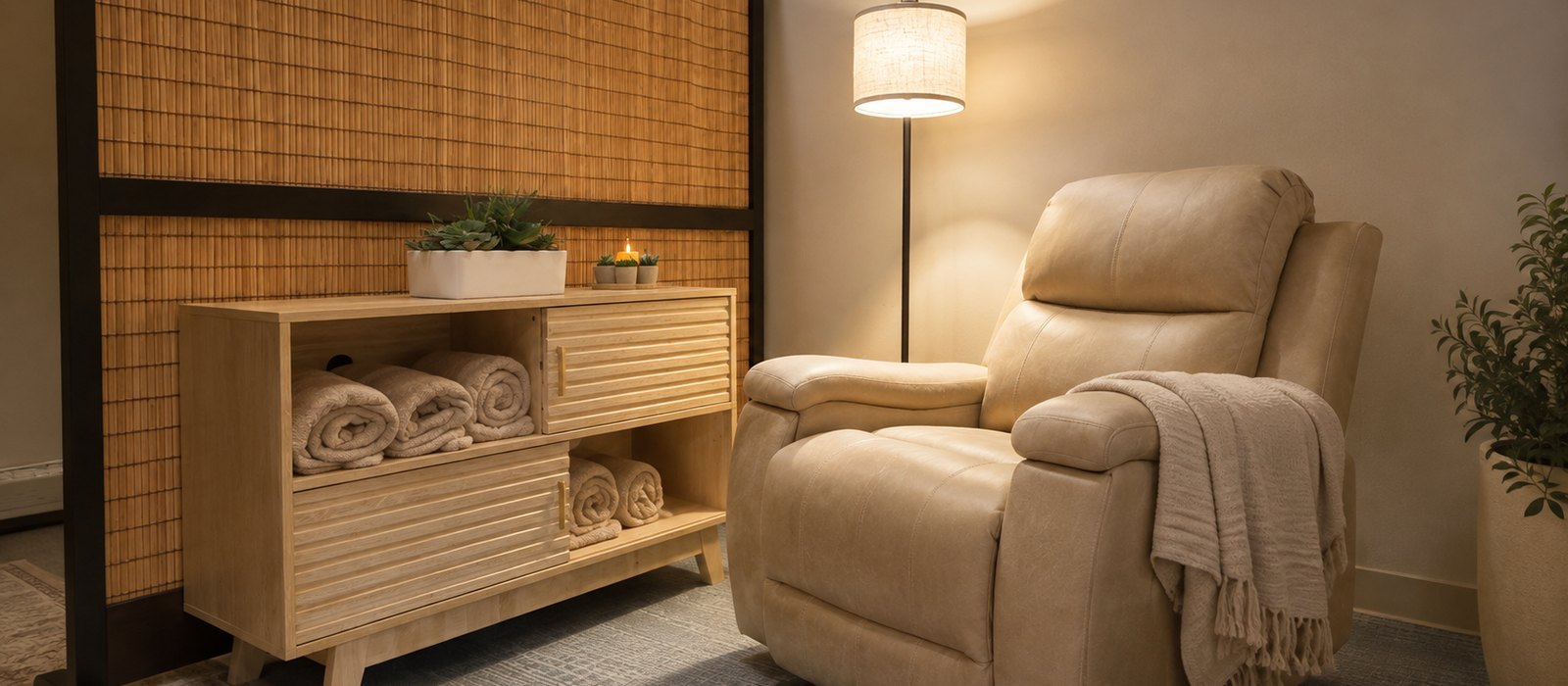 The SPRAVATO treatment room at LumiClinics, with a recliner and blankets for the 2 hour monitoring period